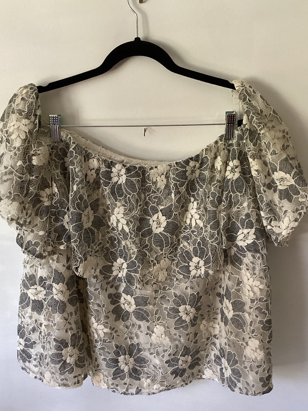 Off-Shoulder Floral Lace Blouse in Cream and Gray - Picture 8 of 8